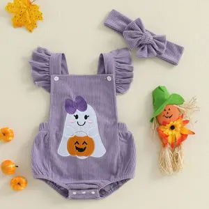Infant Baby Girl Halloween Outfits Ruffle Sleeveless Bow Ghost Embroidery Romper with Headband Set Newborn Clothes