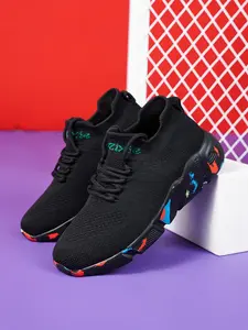 Parent-Child Black-Based Colorful Splash Ink Flyknit Sock Sneakers, Sports Running Shoes, Sport Style, Flyknit Material + Sock-Fit Design + Splash Ink Decoration + Non-Slip Sole, Parent-Child Compatible, Splash Ink, Ideal for Daily Outfits & Parent