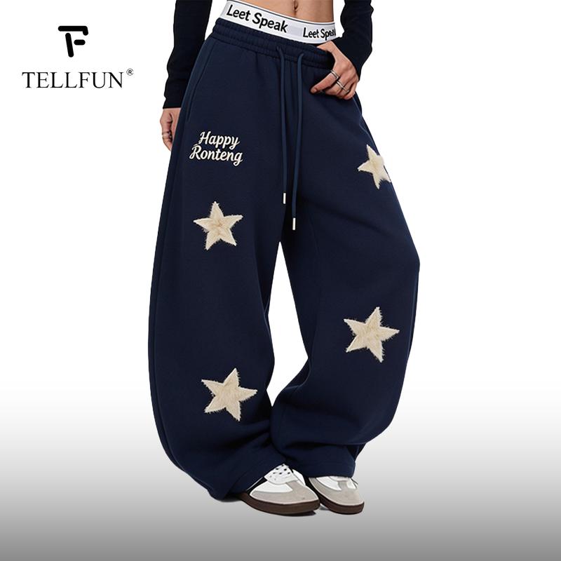 TELLFUN 2026 Men‘s Star Embroidered Jogger Pants Loose Fit Barrel Leg Sweatpants with Stretch Fabric and Drawstring Waist Y2K Streetwear Style；Unisex