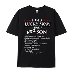 I Am A Lucky Mom I Have A Crazy Son Funny Oversized Cotton T-Shirt, Sarcastic Mom Life Graphic Tee, Comfort Casual Fashion Outfit, Perfect Mother's Day Gift, Ideal Mom Holiday Outfit