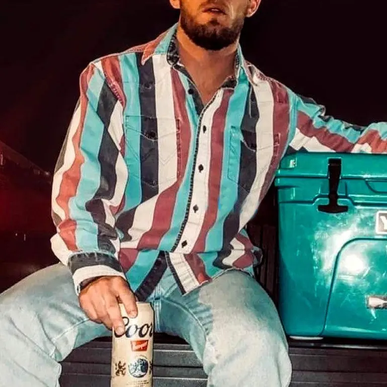 Men's Western Cowboy Vintage Print Loose-Fitting Long Sleeve Casual Button Shirt - Knot Detail Cardigan, Fall Streetwear Top, Casual Button Shirts, Breathable Fits, Statement Shirt Style
