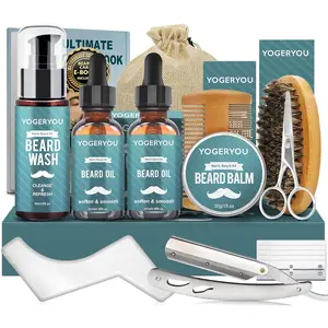 Beard Kit,Beard Grooming Kit for Men W/Straight Razor,2 PACK Beard Oil, Wash, Balm, Brush, Comb, Scissors Mens Birthday Christmas Gifts for Men Boyfriend Husband Beard Trimming Shaving Kit