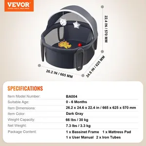 VEVOR Portable Baby Bassinet, On-The-Go Baby Dome with Canopy Developmental Toys, Quick-Folding Travel Crib, Lightweight Baby Cradle Infant Bed for Indoors/Outdoors, Suitable for 0-6 Months Newborns