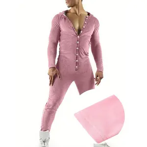 Men’s Casual Bodysuit, Long Sleeve, Rabbit Ears Hood, Buttoned Collar, Long Pants, Hip-Opening Design, Suitable for Autumn