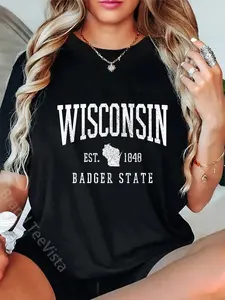 100% Cotton Unisex Wisconsin Badger State Est. 1848 State Map Souvenir Gift T-Shirt