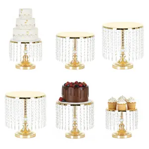 6pcs Gold Metal Mirror Cake Stands with Crystal Pendants - Round Dessert Cupcake Display Plates for Wedding, Birthday Party Home & Festive Supplies
