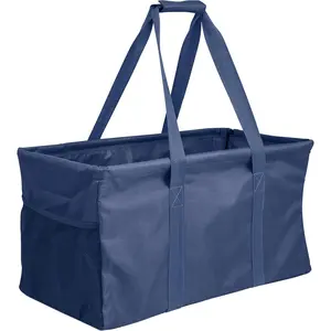Extra Large Utility Tote Bag - Oversized Collapsible Reusable Wire Frame Rectangular Canvas Basket With Two Exterior Pockets For Beach, Pool, Laundry, Car Trunk, Storage - Navy Blue