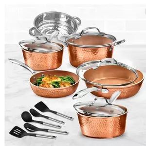 Gotham Steel Hammered 15 Pc Ceramic Pots and Pans Set Non Stick Copper Cookware with Utensils Oven Dishwasher Safe Set