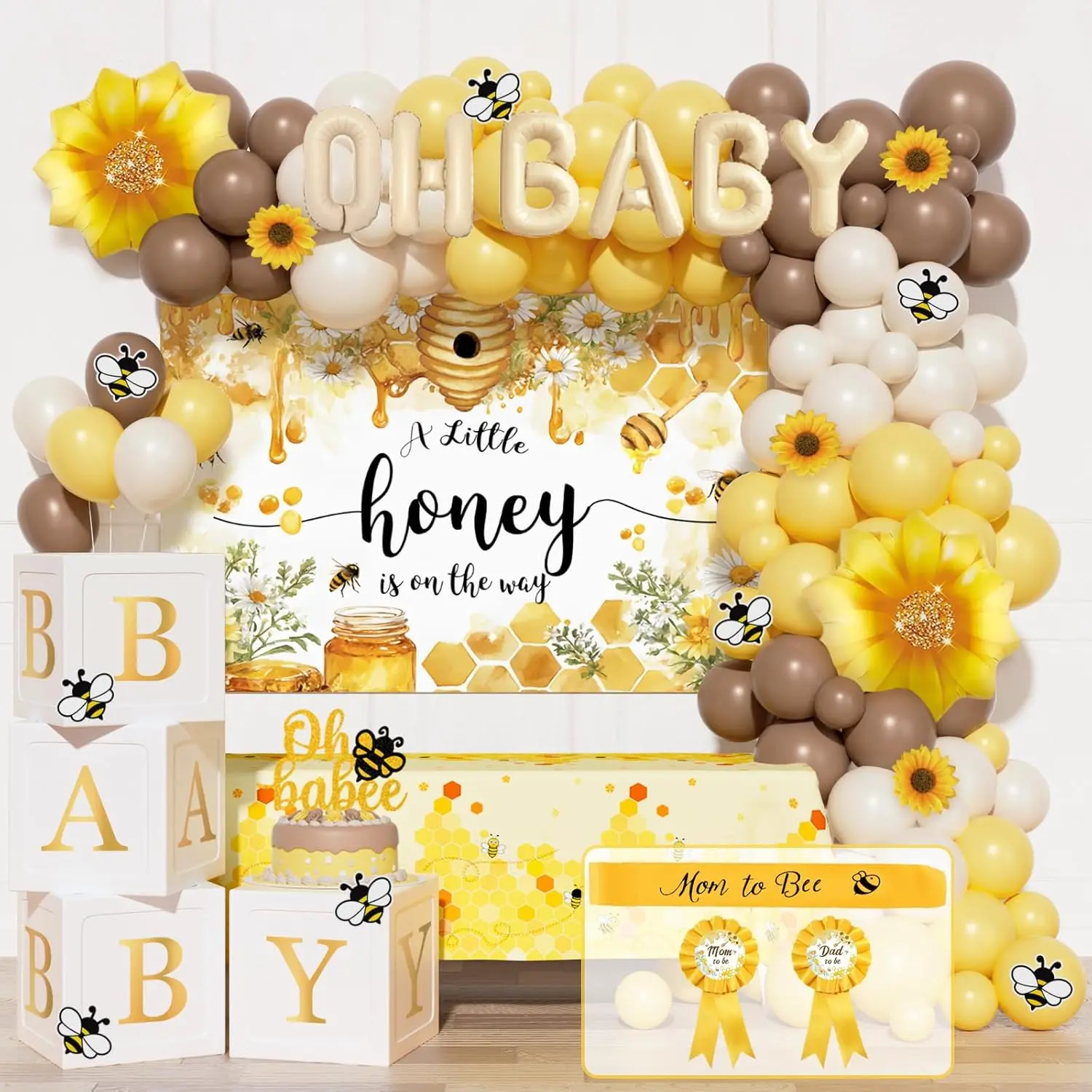 111PCS Honey Bee Baby Shower Decorations Kit - Unisex Party Supplies with Backdrop, Balloon Garland, Tablecloth, Boxes, Sash, Badges - Festive Home Supplies Gifts (Part 3)
