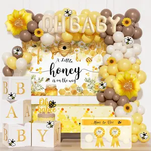 Bee Baby Shower Decorations for Boy or Girl – 111PCS Honey Bee Theme Party Supplies with Backdrop, Balloon Garland, Tablecloth, Boxes, Sash and Badges