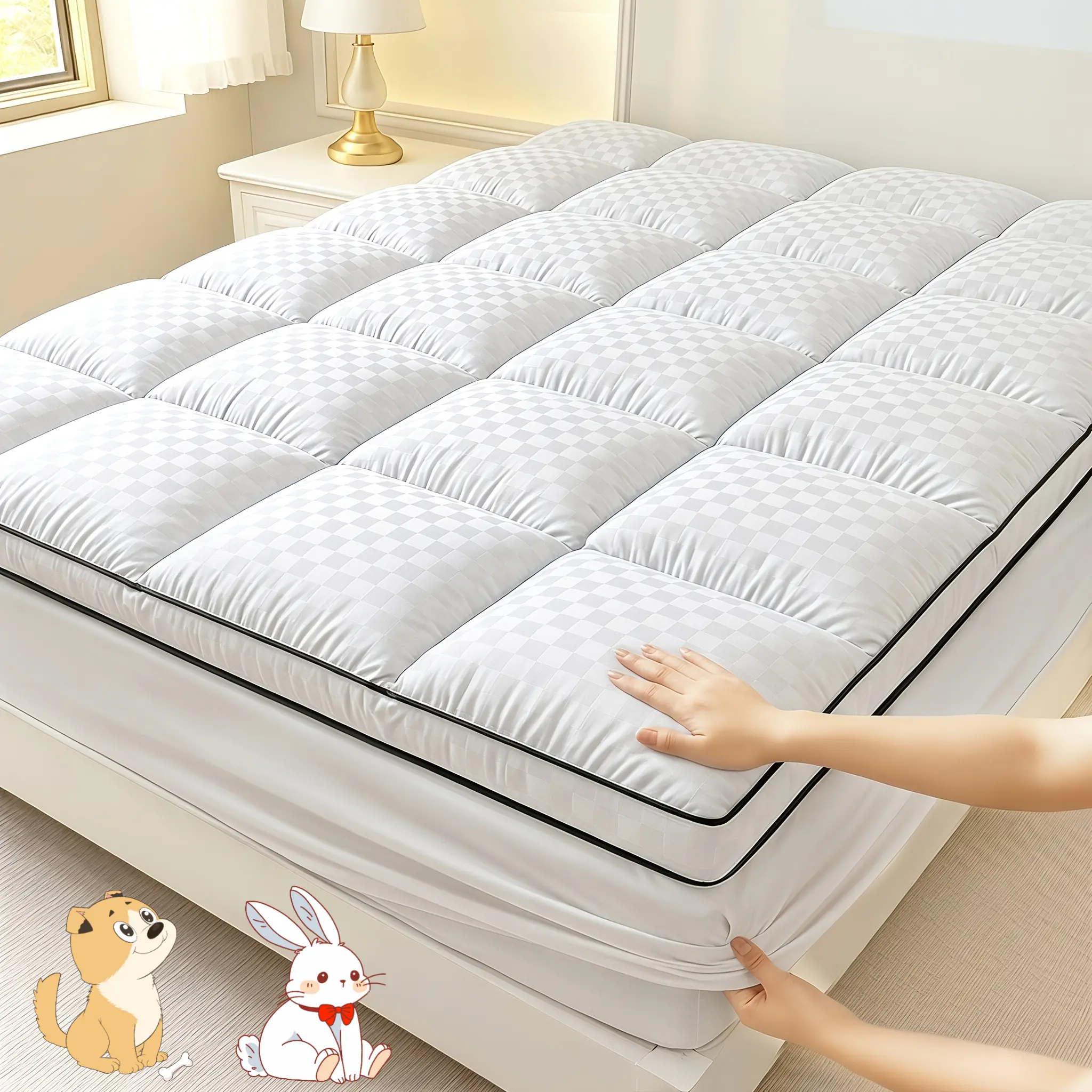 Mattress topper, pillow top mattress cover, quilted fitted mattress protector, top can be stretched to 8-21inch, deep pocket design, with cooling function, 1000GSM