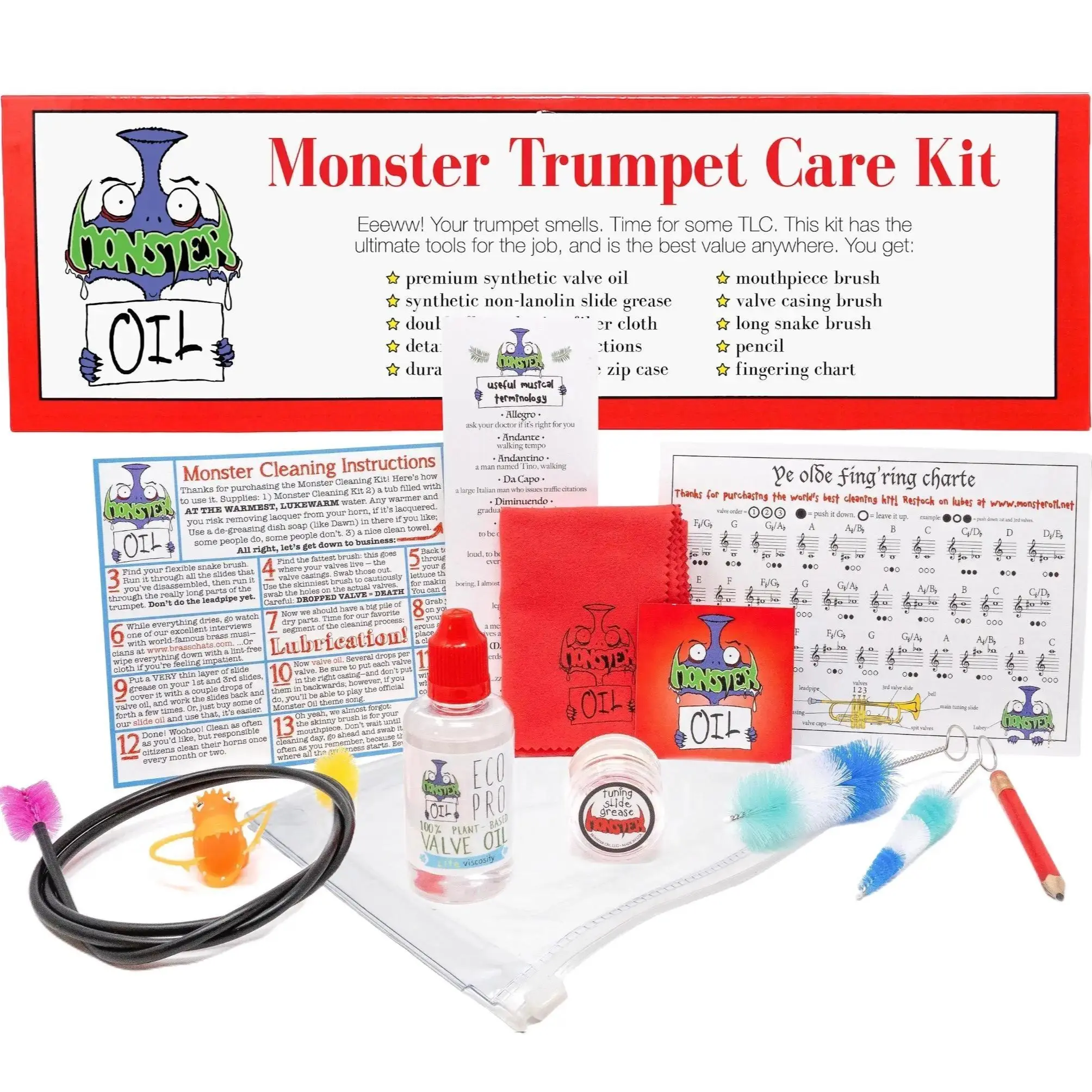 Monster Trumpet Cleaning Kit | USA-Based and Veteran-Owned! | Valve Oil, Slide Grease, and More to Take Care of and Clean Your Trumpet and Cornet!