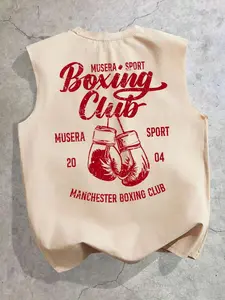 [HANNAH] Plus Size Men's Casual Loose Fit Khaki Boxing Slogan Print Sleeveless Tank Top