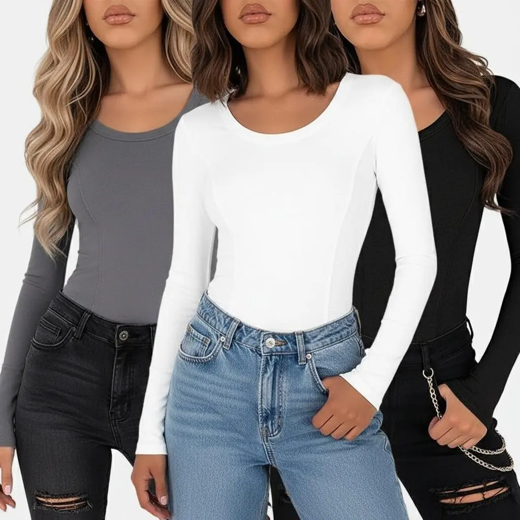 Women’s Modal Ribbed Knit Long Sleeve Shirts 3 Pack Slim Fit Crewneck T-Shirts Basic Casual Tops Soft Stretchy Undershirts for Fall Winter Layering Everyday Work Office Travel Simple Plain Essential Tees