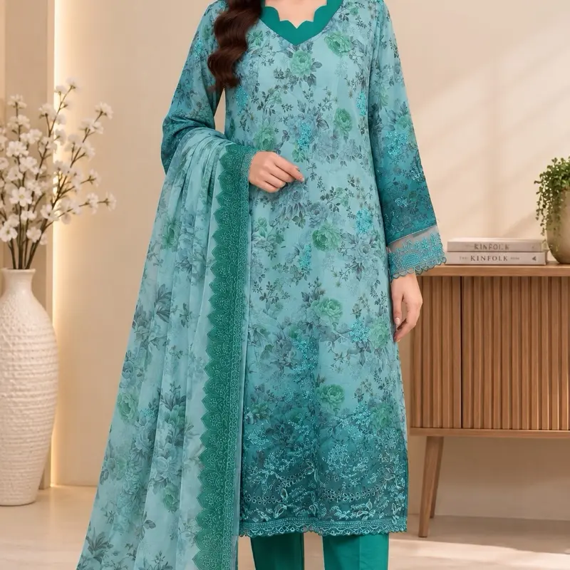 Elegant 3 Piece Floral Printed Lawn Suit – Aqua Blue