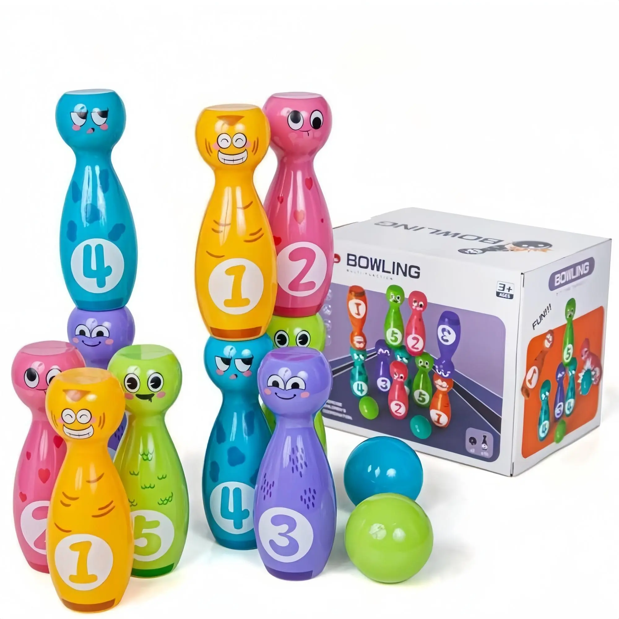 Multicolor Cartoon Bowling Toy Set - Cute Expression Bowling Balls, 10 Pins & 2 Balls, Stackable Design, Realistic Experience, Exquisite Packaging, Special Occasions Birthday Gift, Sports, Holidays, Birthdays
