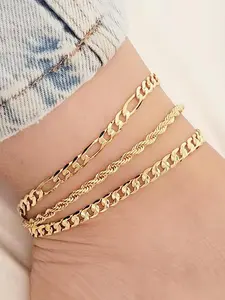 3-Piece Anklet Set: Flat Snake Chain, Fried Dough Twist Chain, and Twisted Chain — Stylish Beach & Vacation Foot Jewelry, Fashionable Jewelry for Women