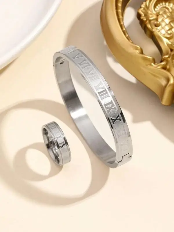 Women's 2-Piece Silver or Gold Bracelet and Ring Set - Daily Costume Fashion Jewelry Accessory for Females