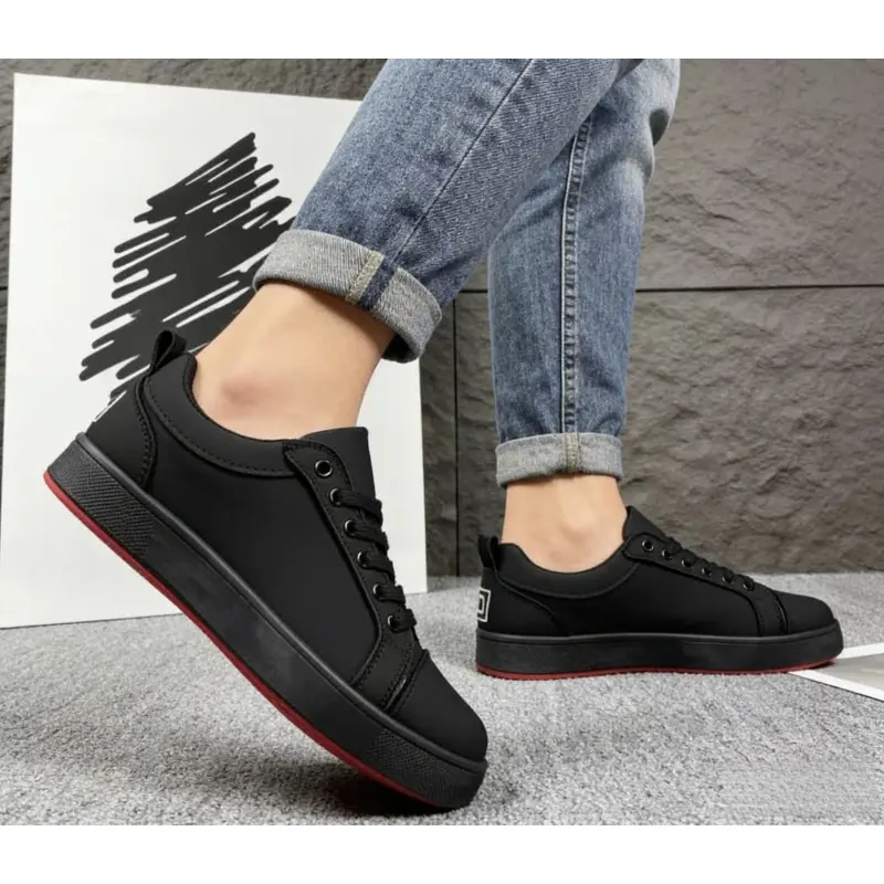 Men's All Black Skateboarding Trainers - Signature Red Sole, Black-White Midsole Option, Comfortable Footwear for Work & Street Style, Sneaker, Walking Shoes, Sports Shoes, Athletic, Casual, Closed, Eva, Foam, Low Top, Breathable, Outdoors, Rubber Eva