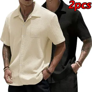 Men’s 2-Pack Summer Breathable Essential Jacquard Drapey Casual Button-Front Textured Shirts, for Everyday Wear & Beach Vacations