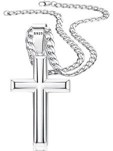 1 Pc 925 Sterling Silver Cross Pendant Necklace for Men Women 5mm 316L Stainless Steel Diamond-Cut Cuban Link Curb Chain, Beveled-Edge Religous Pendant Jewelry, 16-30'' Christian Baptism Gift