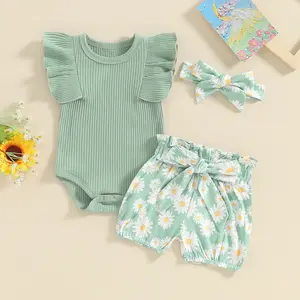 Newborn Baby Girl Summer Clothes Ribbed Ruffle Short Sleeve Romper Daisy Print Elastic Waist Shorts Headband 3Pcs Outfits Set