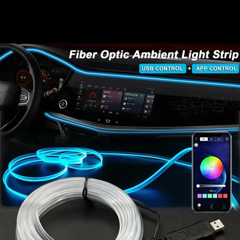 3m Interior Car Neon with Center Console + Dashboard, Matching Armrest Storage Box, USB Control & APP Control RGB LED Strip Light, 5V