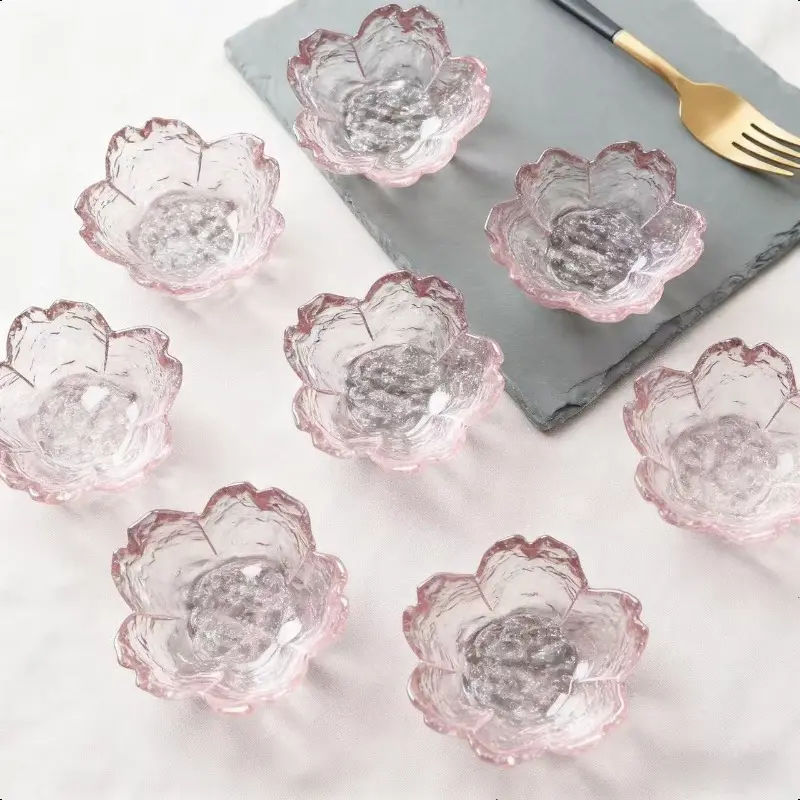 10pcs Cute Cherry Blossom Glass Dish Set - Floral Pink Bowls & Plates with Clear Edges, Elegant Mini Glass Dishes for Desserts, Snacks, Soy Sauce, Tea Bags, Jewelry Display | All-Season Decorative Serving Dishes for Home, Parties, Weddings