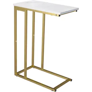 C Shaped End Table, Couch Side Table That Slide Under Sofa Bed, Small Table for Small Spaces, Skinny Overbed Table for Coffee Drink Snack, Living Room,  and White Marbled Wooden Top