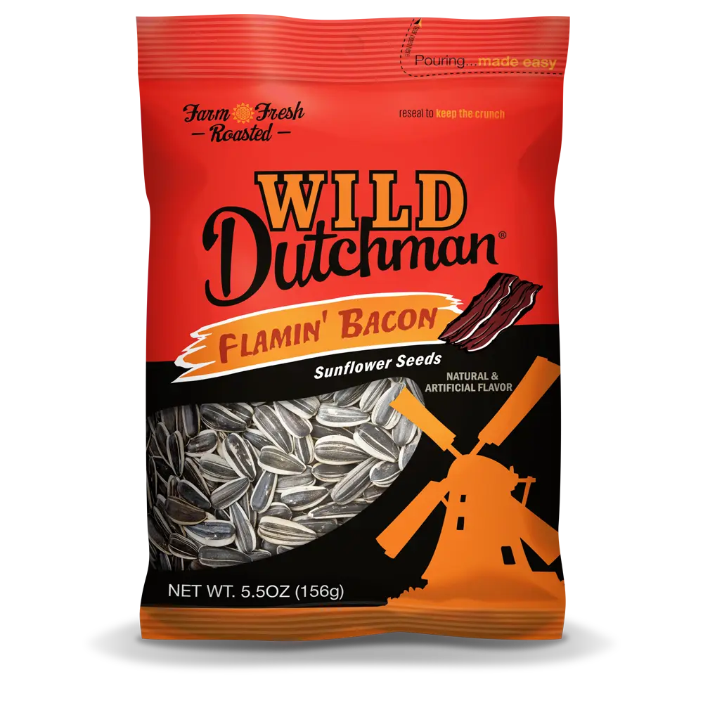 FLAMIN' BACON FLAVORED SUNFLOWER SEEDS • 5.5 OZ/12 pack
