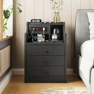 SIKAIC Multifunctional Nightstand with Charging Station 2 Outlets 2 USB Ports 3 Drawers Modern Bedside Table for Bedroom Living Room