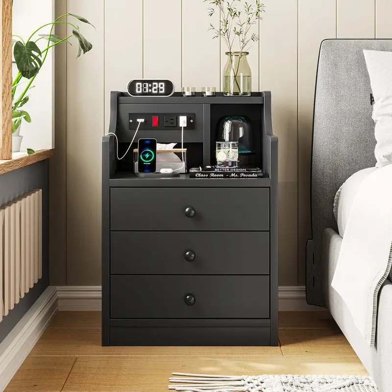 SIKAIC Modern Black 3-Drawer Nightstand - Indoor Furniture Bedside Table with Charging Station, Power Outlets, USB Ports for Bedroom, Living Room
