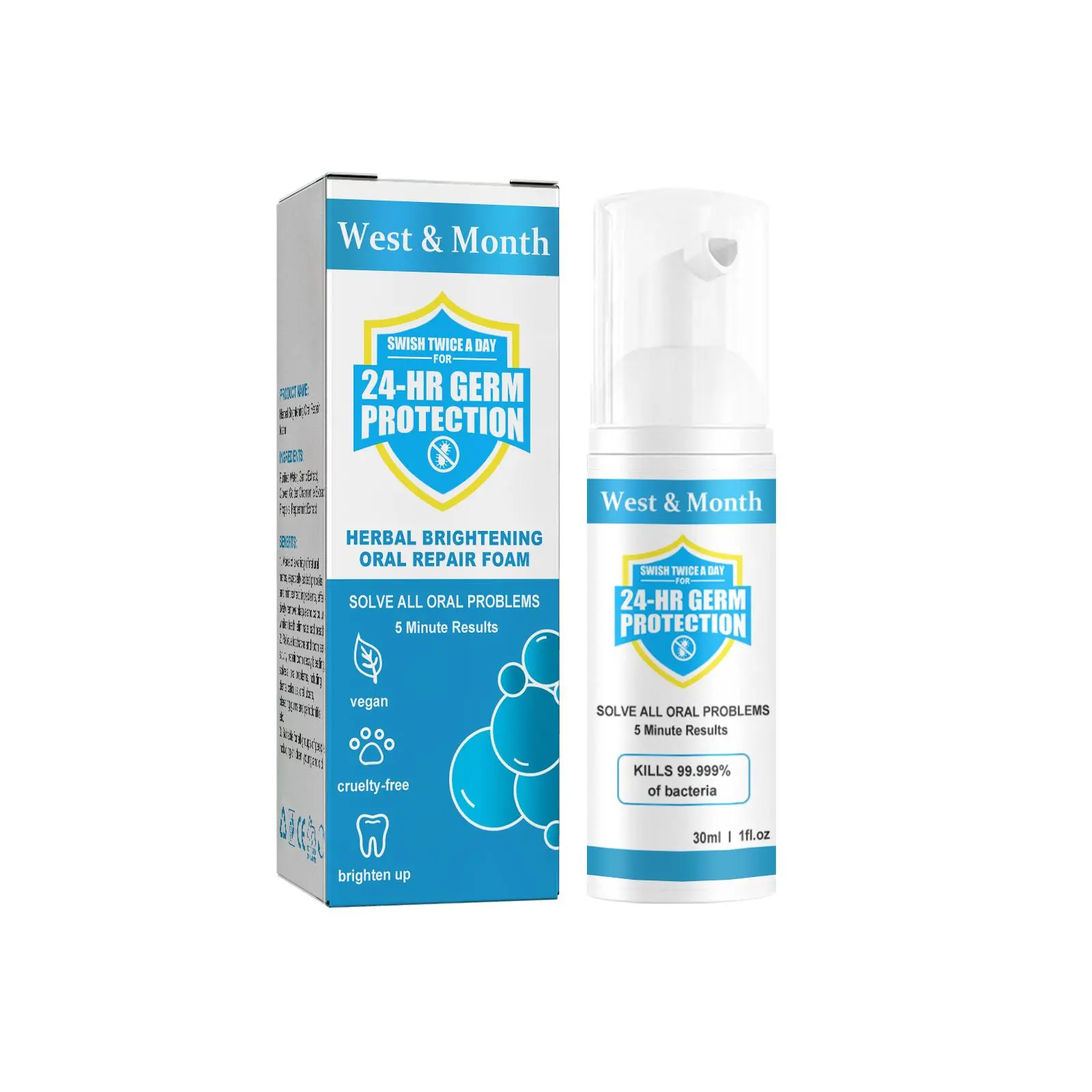 West & Month Herbal Whitening Teeth Mousse Toothpaste, Cleansing Mouth Odor Tooth Stains Whitening Teeth Foam