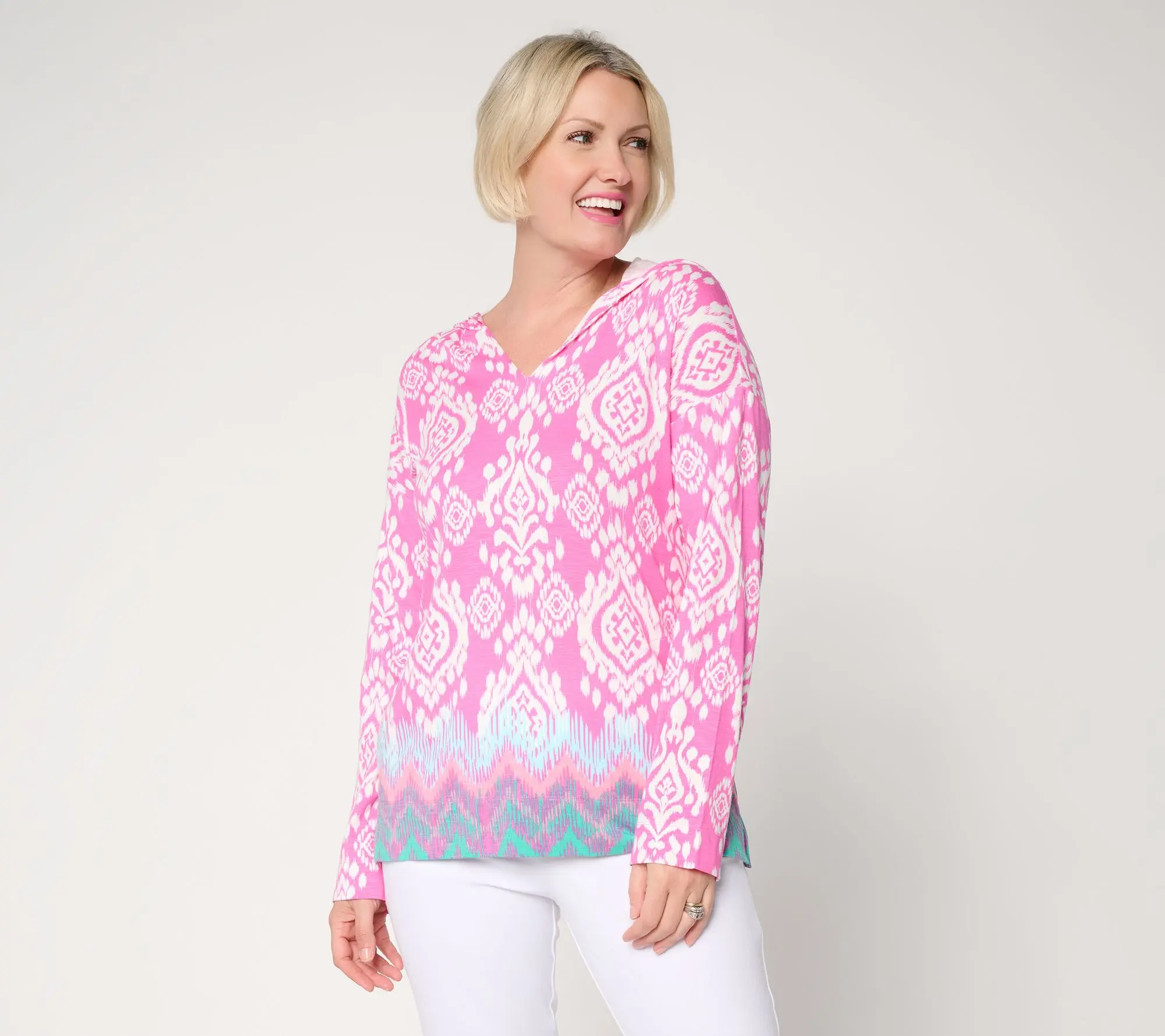 Belle Beach by Kim Gravel Slub Knit Ocean Ikat Border Print Hoodie