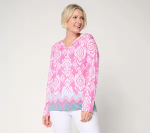 Belle Beach by Kim Gravel Slub Knit Ocean Ikat Border Print Hoodie
