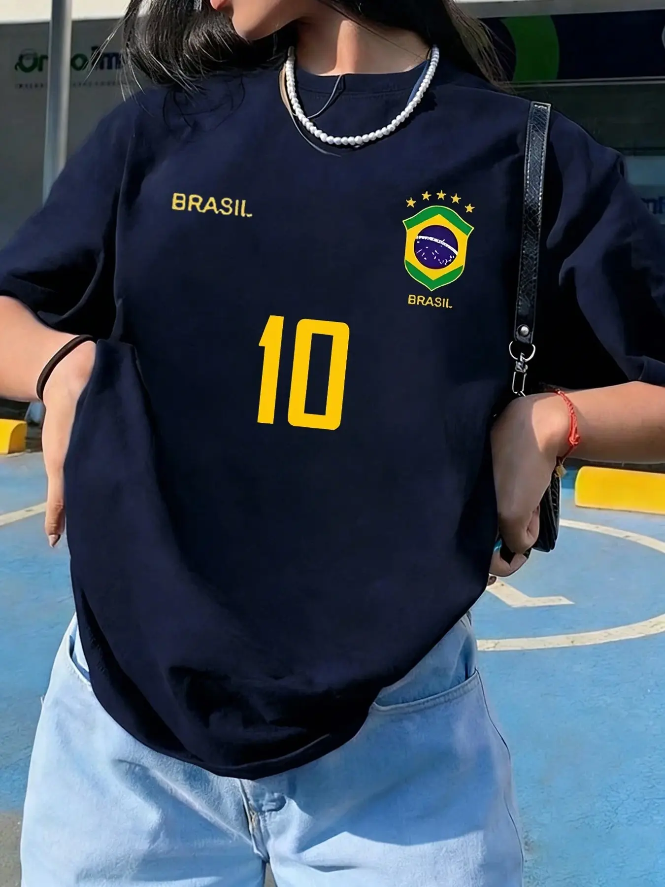 Brazil Flag Print Women's Casual Loose Fit Navy Short Sleeve Top, Y2K Style, Streetwear, Daily Wear, Natural Elegance, All Seasons
