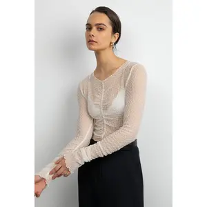 SHEER MESH RUCHED LONG SLEEVE TOP