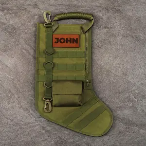 Personalized Tactical Christmas Stocking - Custom Leather Nametag Patch Included - Perfect for Any Man Rubber Smooth Handle Green and Tan Sock