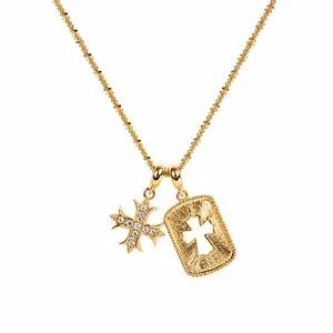Women’s Vintage Cross Pendant Gold-Plated Necklace, Minimalist Double Charm Layered Jewelry, Trendy Y2K Aesthetic Gift Accessory