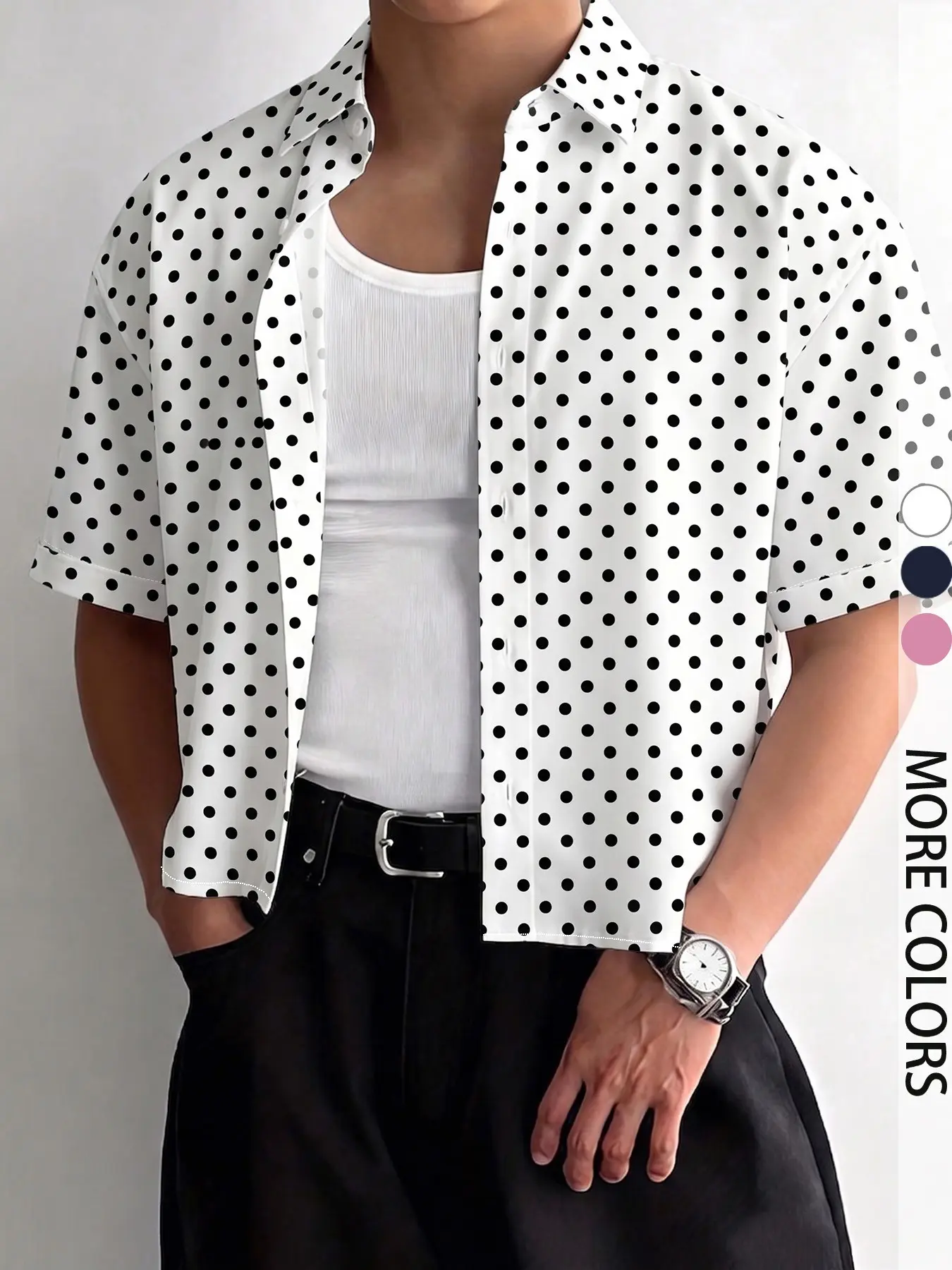 Men's Polka Dot Shirt, Base + Dots, Loose Fit, Short Sleeve, Casual Style, Perfect for Daily Wear, Office, Dates, Streetwear