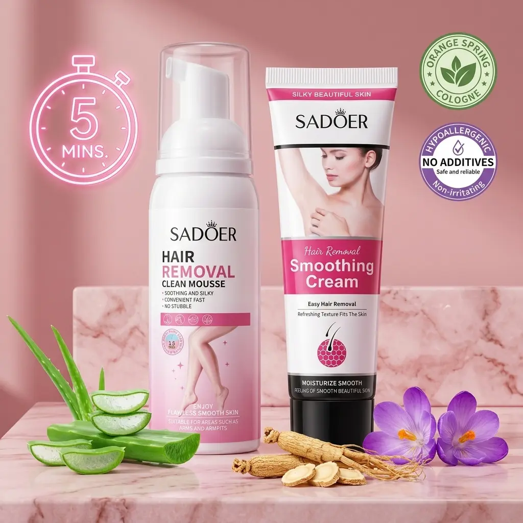 SADOER 2-in-1 Hair Removal Mousse & Cream Kit - Body Care Single Item for All, with Coconut Oil & Aloe Vera, Sensitive Skin Formula (100ml + 50g)
