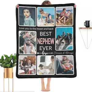 Gift for Nephew Customized Blanket with Photo, Make a Personalized Blankets with Picture Custom Memories Souvenir Sublimation Throw Blanket for Best Nephew Ever, 8 Collage