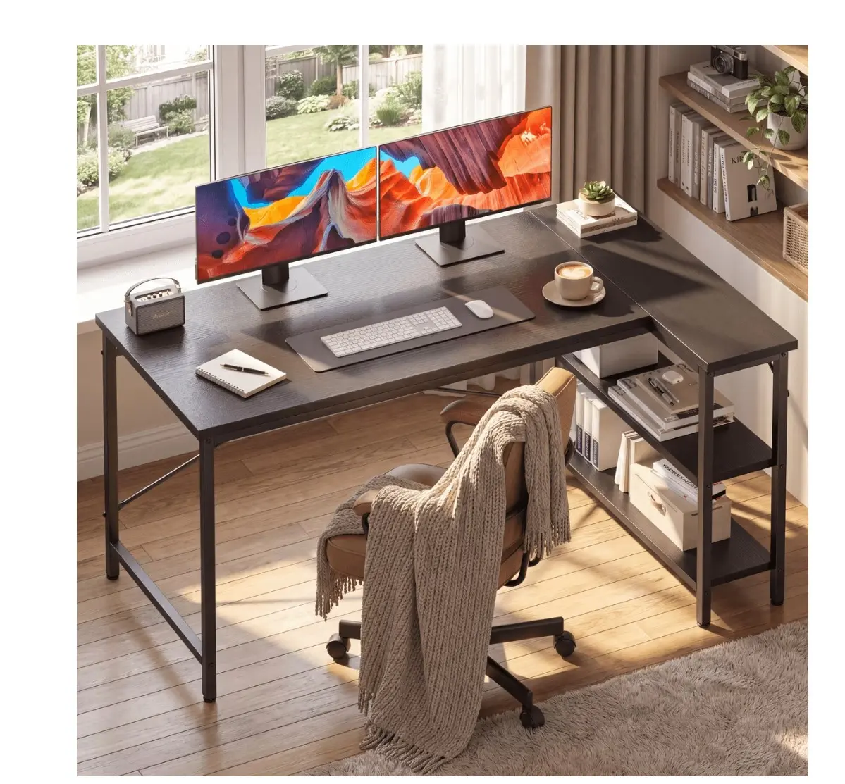 47 inch L Shaped Desk with Reversible Storage Shelves, 154 lbs Capacity Computer Corner Desk for Home Office, Gaming & Writing, Black