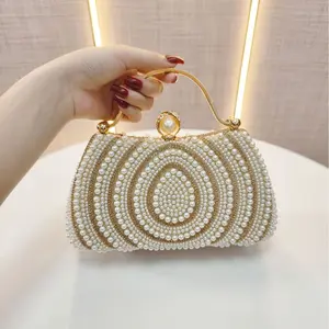 Elegant Rhinestone Evening Bag for Women Pearl Embellished Clutch Prom Wedding Party Purse Crossbody Shoulder Handbag