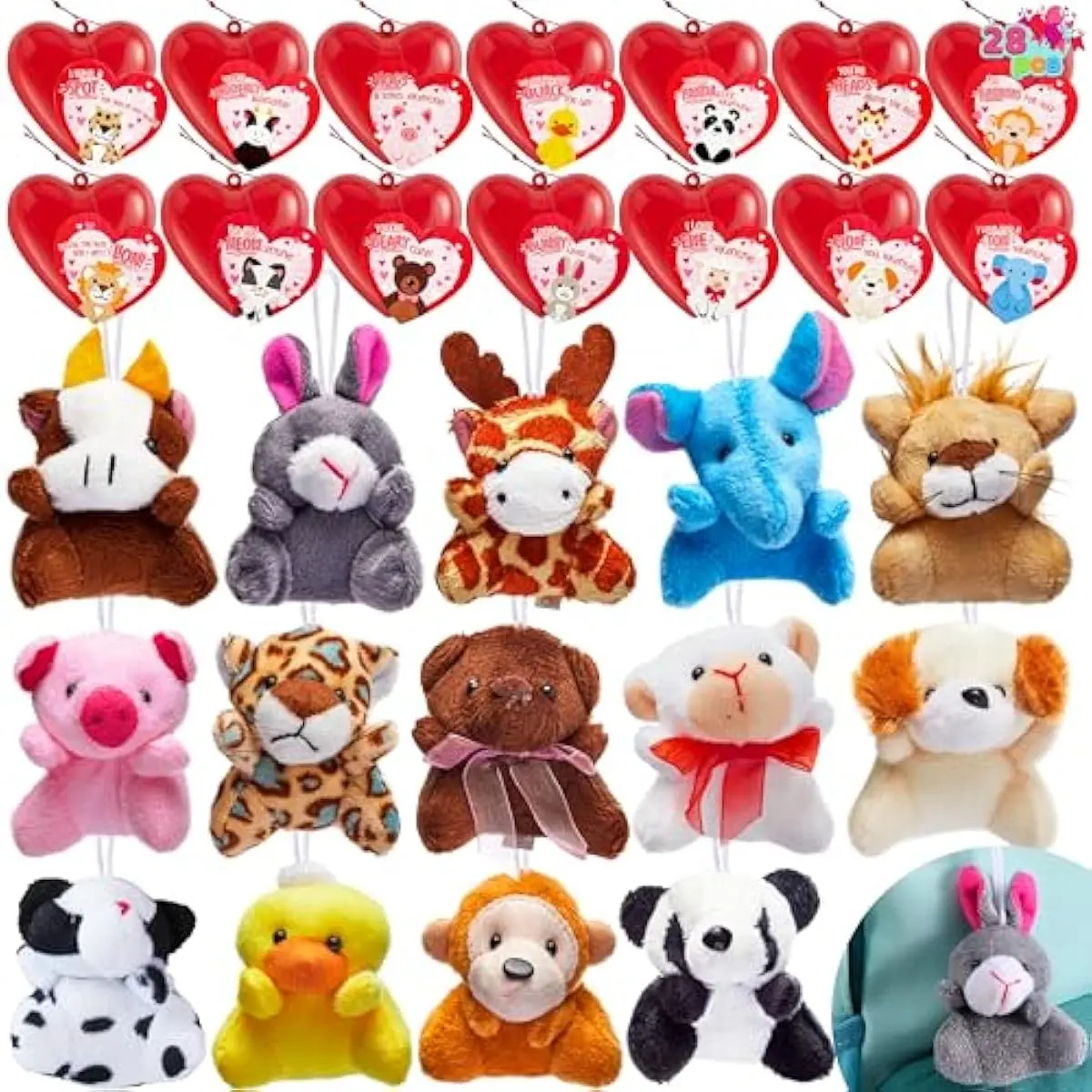 28 Pack Valentines Day Gifts for Kids Prefilled Hearts with Plush Toy Keychain and Valentines Day Cards for Kids Classroom Exchange, Party Favors, Gift Exchange, Game Prizes