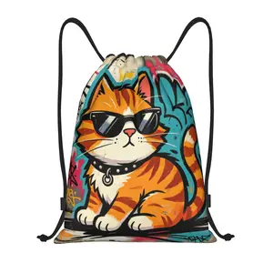 Stylish Graffiti Cat Drawstring Backpack - Unisex Water Resistant 210D Polyester Cinch Bag, Fashionable Lightweight Gym & Travel Sack for Men & Women