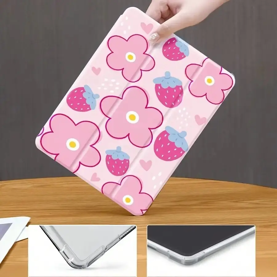 Pink Strawberry Floral Tri-Fold Tablet Case with Pen Slot - Soft Protective Cover, Auto Sleep/Wake & Smart Stand, Compatible with iPad 10/9/8/7/6/5th, Air 2024 & Pro 2024 (9.7-11 Inch) For Samsung A7 LITE/S6LITE 10.4/S7/S8/S9/S9FE/S10/S7+/S8+/S9+/S9FE+
