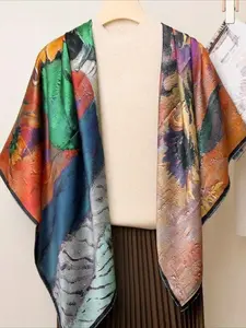 1pc Women's 42.52" Square Scarf Shawl, 100% Mulberry Silk, Hand-rolled Edges, Orange Oil Painting Pattern, Stylish Elegant Charming, All-Season, Gift-Wrapped, Perfect Gift for Valentine’s Day, Christmas & Mother’s Day