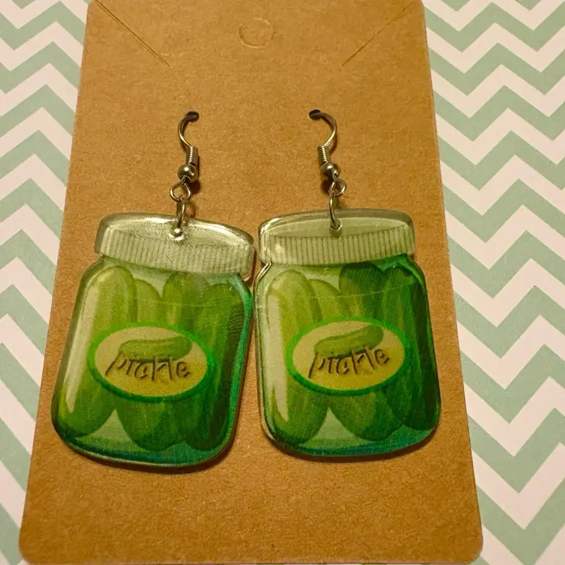Jar of Pickles Hook Earrings - Unique Design with "Pickle" Label and Green Pickle Illustration