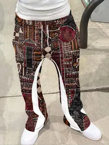 Men's Loose Fit 3D Patched Geometric Print Long Pants, Casual Sporty Streetwear, Vintage Style Flared, All Seasons Fitted Patchwork Jeans